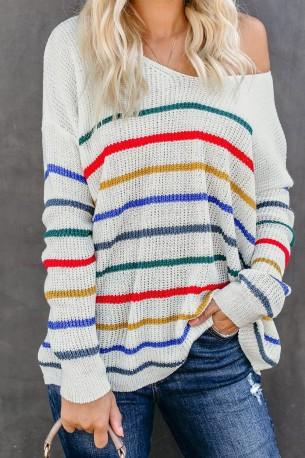 Beli pleteni pulover Juno s črtami