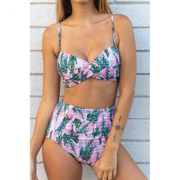 Bikini z visokim pasom v zelenem tiskanem bandeauju Roxane
