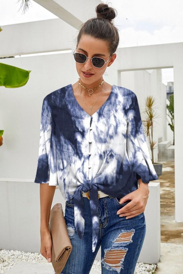 Bluza Kamila s črnimi tie dye vzorci in vozlom