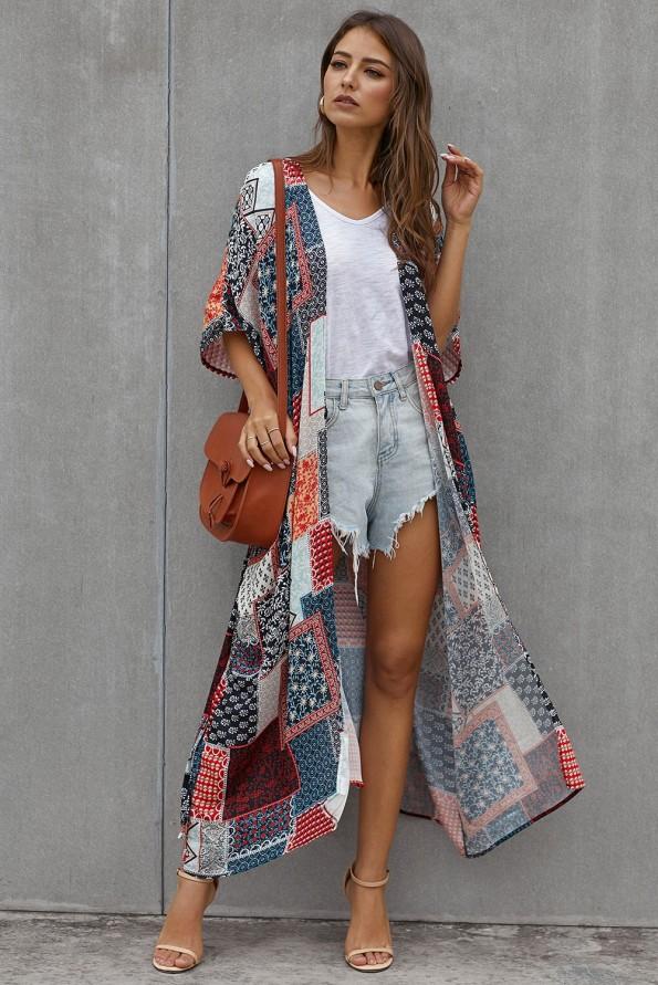 Bohemski kimono Catalina z geometrijskimi vzorci