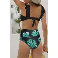 Črn bikini top Erin z volančnki in hlačke s potiskom