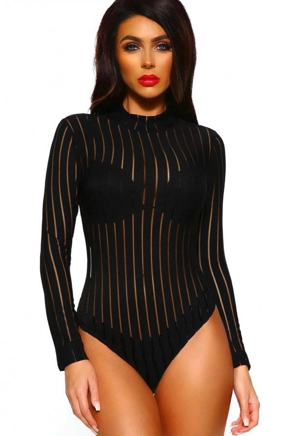 Črn bodysuit Rylie z dolgimi rokavi in zaprtim vratom