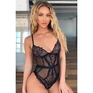 Črn čipkasti bodysuit Arielle s trakom