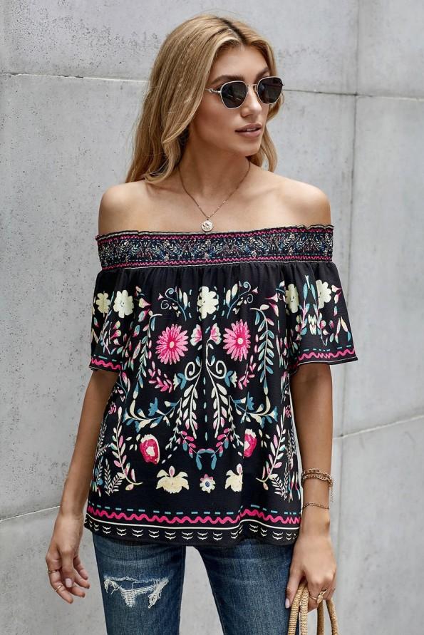 Črna bluza Alivia s cvetličnim potiskom
