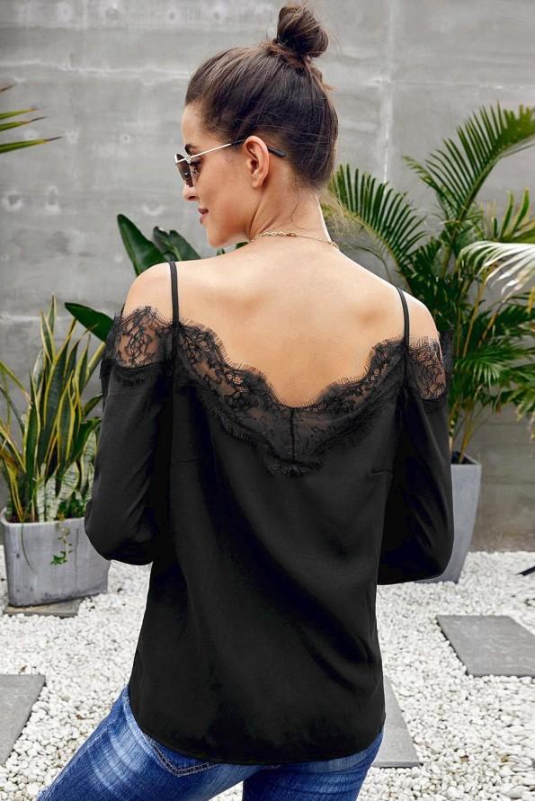 Črna bluza Aspen z odprtimi rameni in čipko