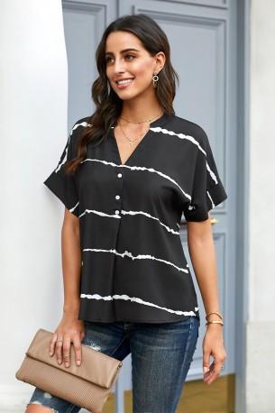 Črna bluza Juliet s kratkimi rokavi in belimi črtami