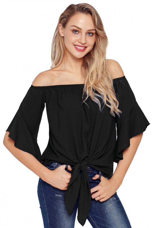 Črna bluza Karter z odprtimi rameni in vozlom