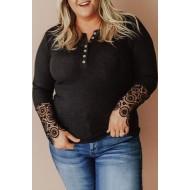 Črna čipkasta rebrasta majica z dolgimi rokavi Sandra