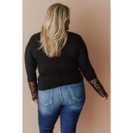 Črna čipkasta rebrasta majica z dolgimi rokavi Sandra
