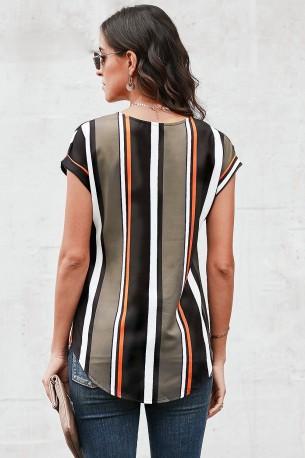 Črna črtasta bluza Maggie z zadrgo in zavihanimi rokavi