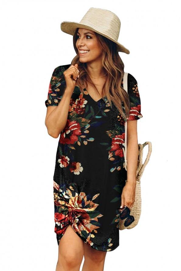 Črna cvetlična majica obleka Helen s kratkimi rokavi