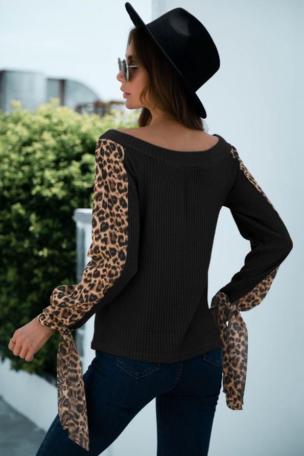 Črna kontrastna leopard dolga majica rokava brez rokavov Charlotte