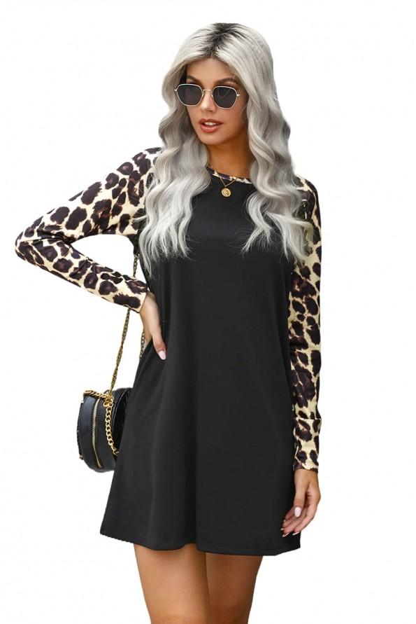 Črna kratka obleka Elliott z leopardjimi rokavi
