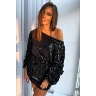 Črna mini obleka z bleščicami z dolgimi rokavi Brilianta