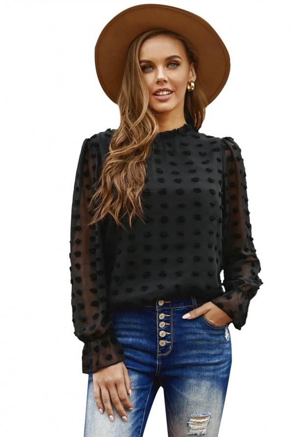 Črna pikčasta bluza Juliet z rokavi na balon