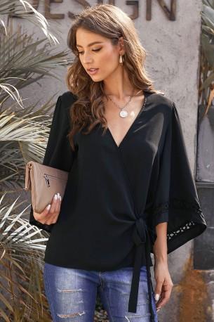Črna preklopna bluza Stephanie z vozlom