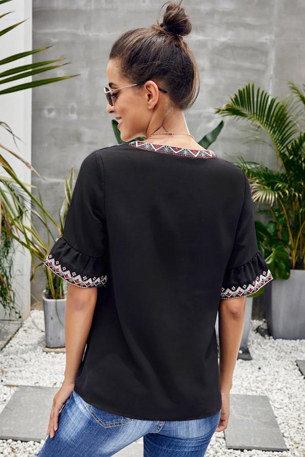 Črna priložnostna bluza Henley s cvetličnim vratom