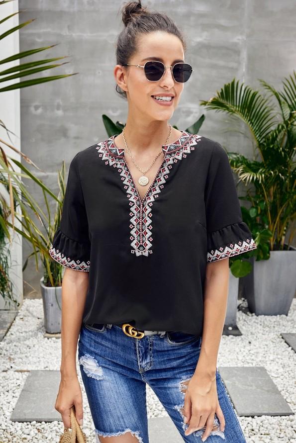 Črna priložnostna bluza Henley s cvetličnim vratom
