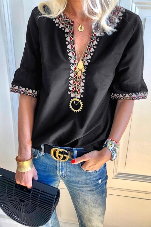 Črna priložnostna bluza Henley s cvetličnim vratom