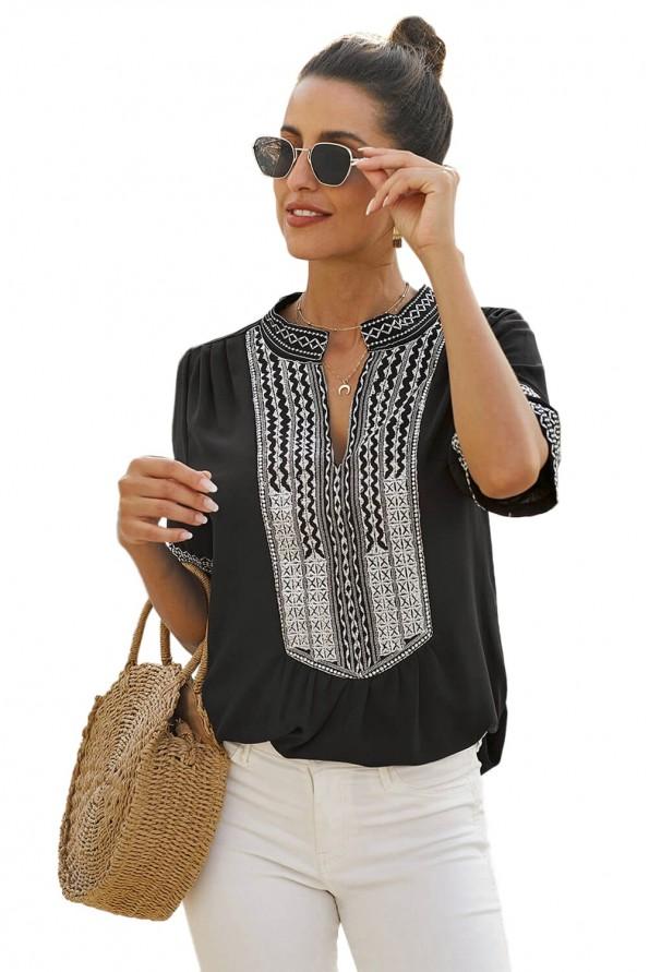 Črna priložnostna bluza Madilynn z vezenim vzorcem
