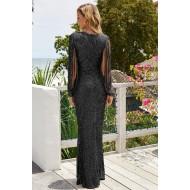 Črna večerna obleka Elisa z resicami na rokavu