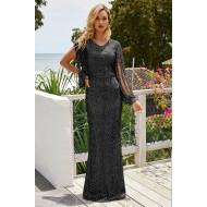 Črna večerna obleka Elisa z resicami na rokavu
