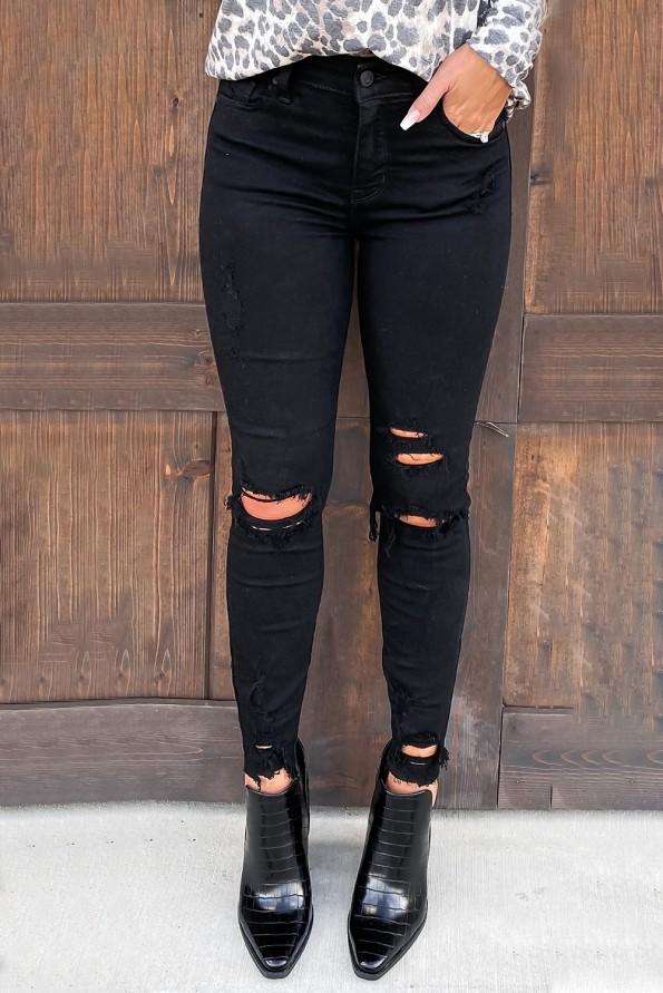 Črne kavbojke z ozkimi raztrganimi režami z visokim pasom Aida