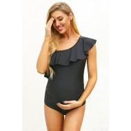Črne kopalke Kinslee za nosečnice z odprtim ramenom in volančki za nosečnice