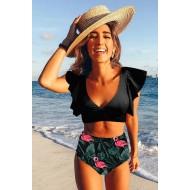 Črne kopalke z visokim pasom Stephanie in volančki