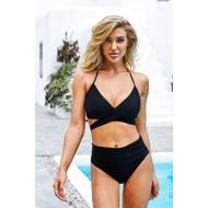Črne kopalke z visokim pasom Tatum in križastim trakom