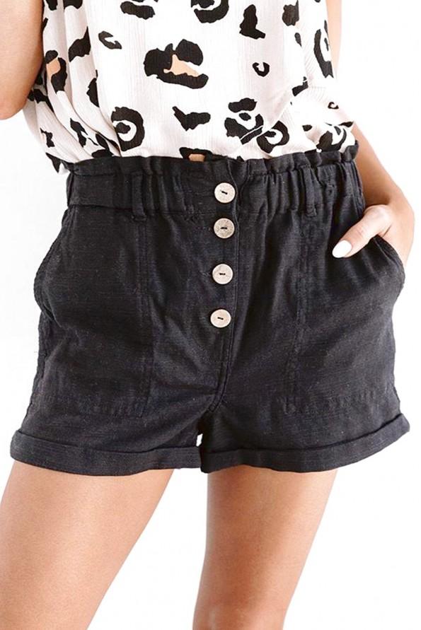 Črne kratke hlače Mary z visokim pasom in gumbi