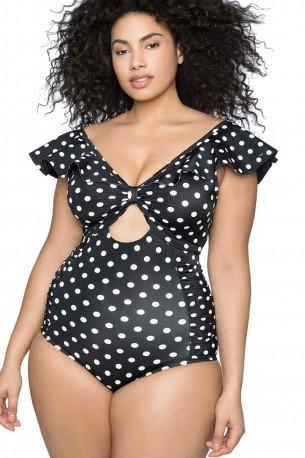 Črne pikčaste kopalke Angelina z izrezom za močnejše