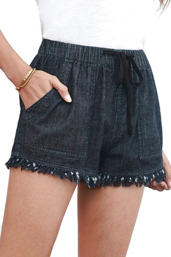 Črne razcefrane bombažne jeans kratke hlače z žepi Peyton