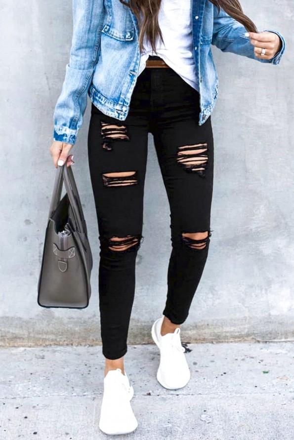 Črne raztrgane kavbojke Brielle z visokim pasom