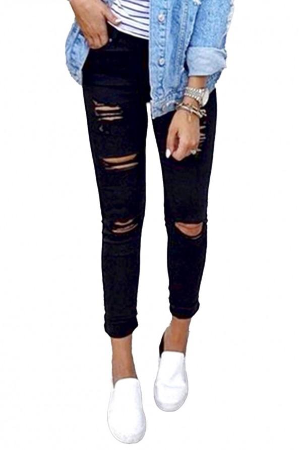 Črne raztrgane kavbojke Brielle z visokim pasom