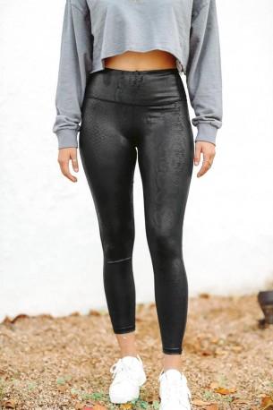 Črne udobne PU-legice Abigail s kačjim motivom