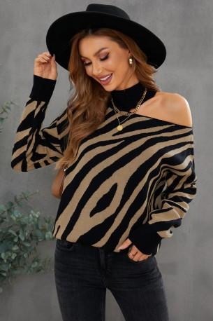 Črni pulover z razgaljenim ramenom s črnim tiskom Zebra