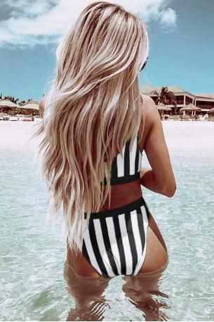 Črno bele črtaste športne kopalke z visokim pasom Veronica