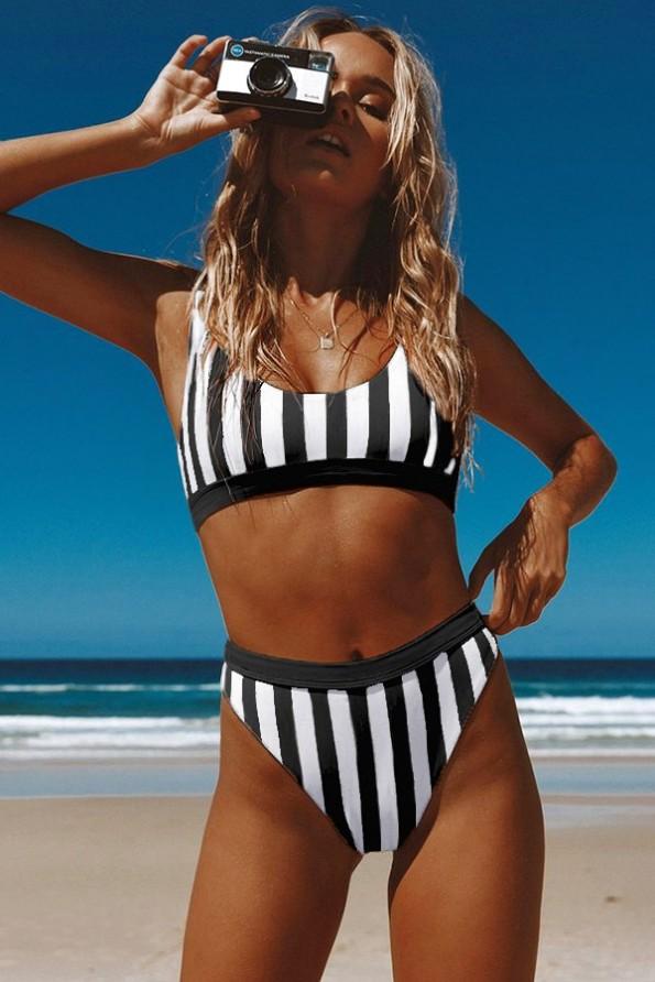 Črno bele črtaste športne kopalke z visokim pasom Veronica