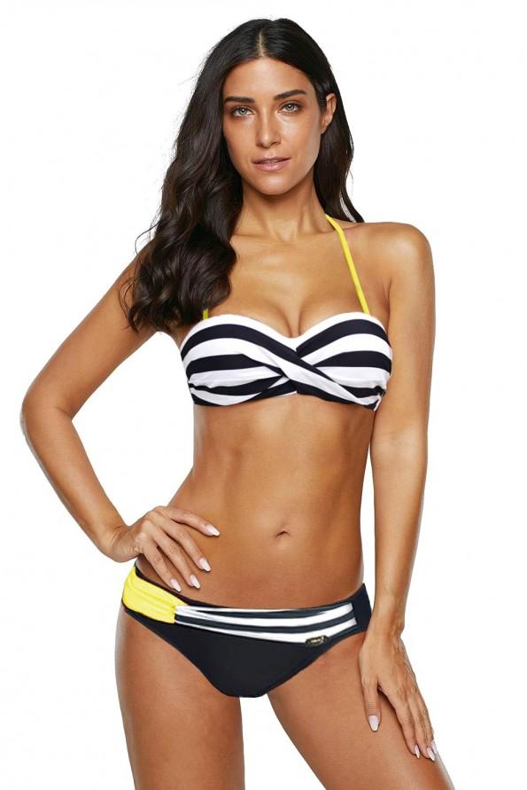 Črtast bikini Keyla z rumenimi naramnicami