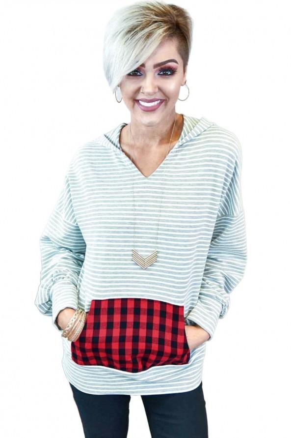 Črtast pulover Ivy s karirastim žepom