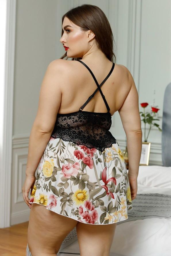 Cvetična spalna srajca s čipkastim modrčkom Lena za močnejše