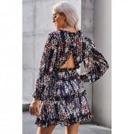 Cvetlična obleka z odprtim hrbtom v modrem rufflu  Jasmine