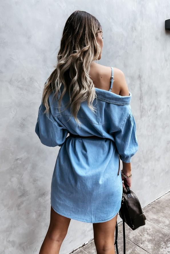 Denim jeans bombažna obleka s spuščenimi rameni Stella