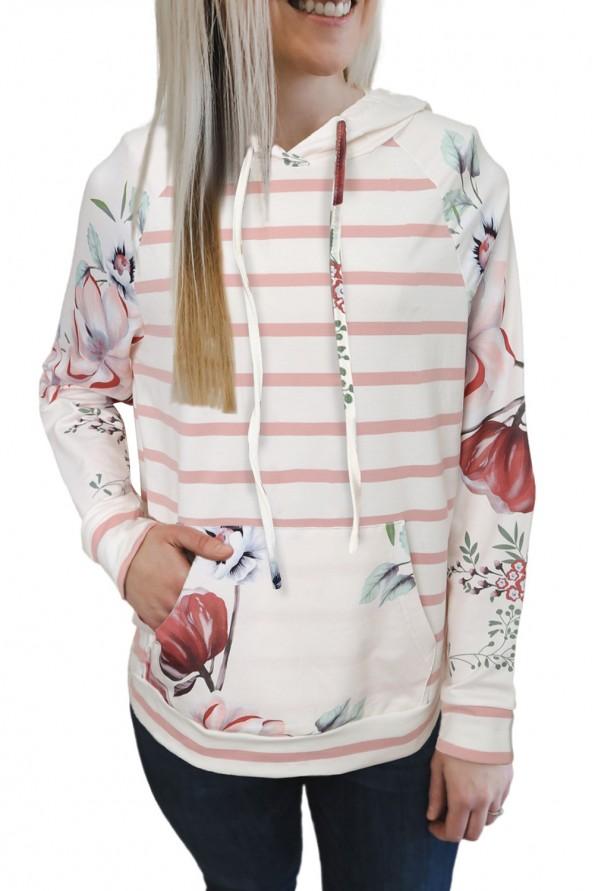 Hoodie s cvetličnim črtastim tiskom in žepom Kenguru