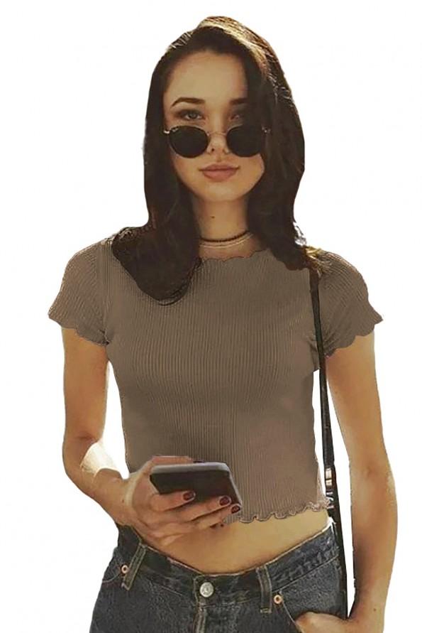 Kaki crop top Alexandria z rebrastimi robovi