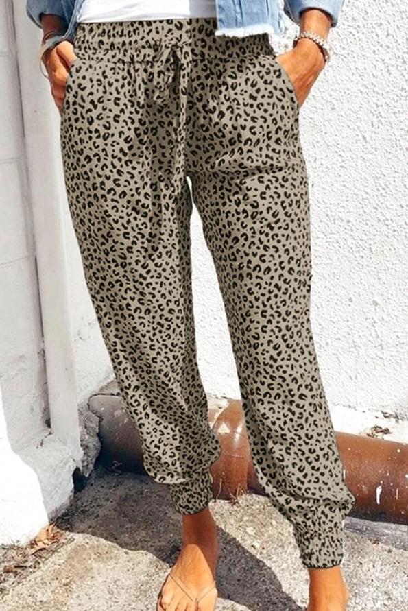 Kaki ohlapne jogger hlače Gracie z leopardjim potiskom