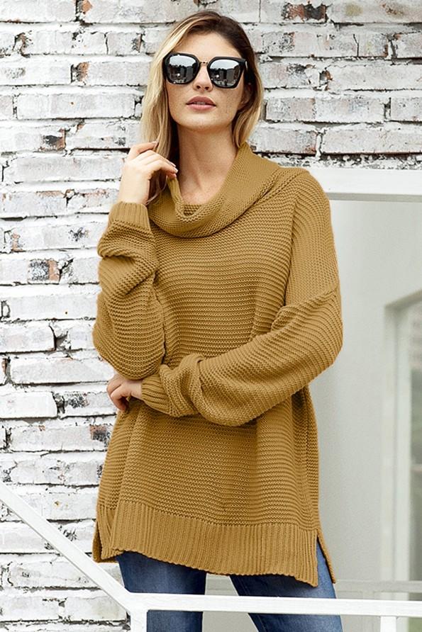 Kaki udoben pulover Aniya s stoječim ovratnikom