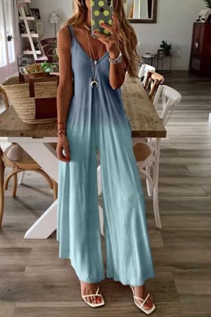 Kombinezon s širokimi nogami v modrem barvnem gradijentu v obliki šare Edith