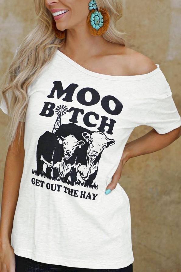 Kratka majica Annie z napisom MOO BITCH GET OUT THE HAY